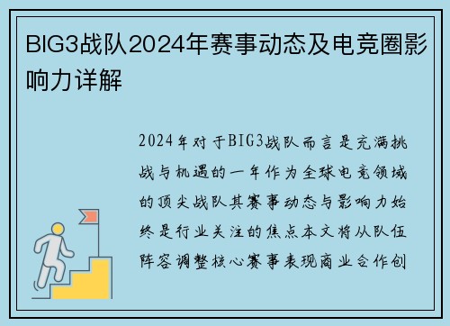 BIG3战队2024年赛事动态及电竞圈影响力详解
