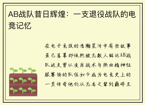 AB战队昔日辉煌：一支退役战队的电竞记忆